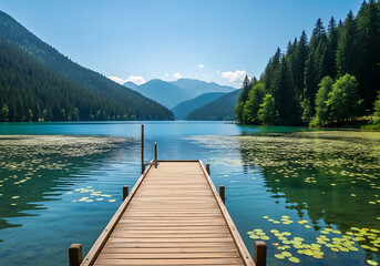 Obraz premium Scenic view of a lake with a wooden dock surrounded by mountains and forest on a sunny summer day