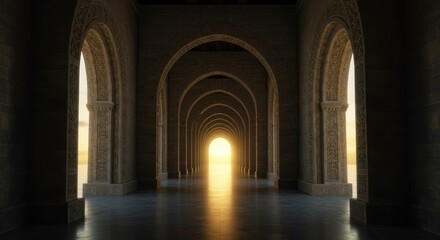 Obraz premium Sunlit Archway Hallway: Mystical Architecture