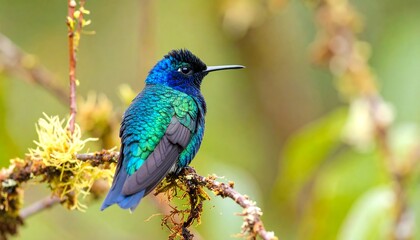 Fototapeta premium Vibrant hummingbird perched on a mossy branch, showcasing iridescent plumage against a blurred natural backdrop