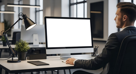 **Modern computer mockup with person, blank monitor in open-plan office, casually seated professional against sleek workspace with sharp studio lighting**  