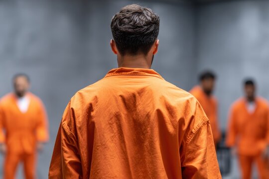 A man in an orange jumpsuit, his back to the camera, stands with other blurred figures in similar attire, in a holding area or prison.