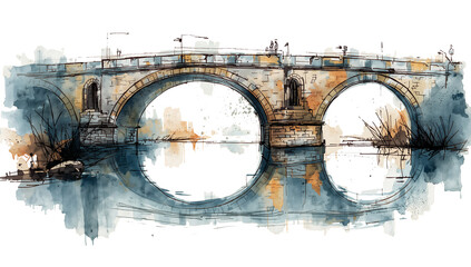 Architectural watercolor vista showcasing an ancient bridge mirrored in reflective water surfaces,