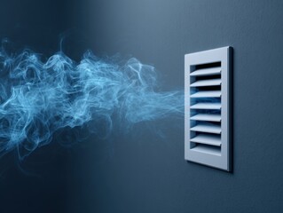 Blue smoke escaping a ventilation grill on a blue wall, indicating potential issues with air quality.