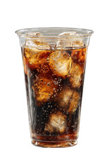 Transparent plastic cup filled with brown soda and ice
