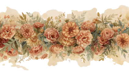 Watercolor floral arrangement of roses and dahlia on a transparent background, elegant sepia tone