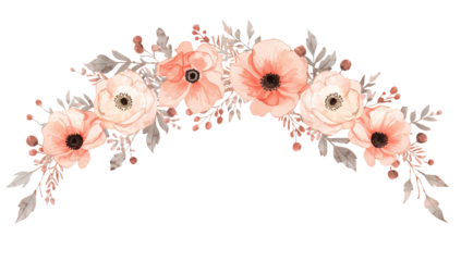 Elegant watercolor floral arc with delicate peach blooms and subtle grey foliage on transparent