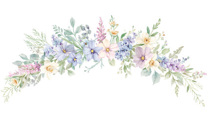 Elegant floral watercolor garland with pastel hues on isolated transparent background