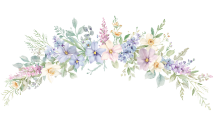 Elegant floral watercolor garland with pastel hues on isolated transparent background