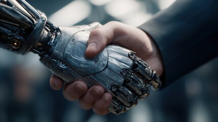 Human-Robot Partnership: A striking image of a human and a robot shake hands, symbolizing technological advancement and potential partnership.