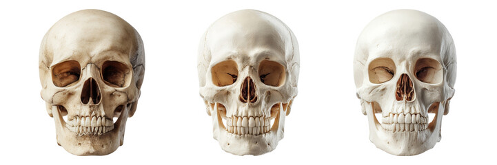 Naklejka premium Detailed Anatomical View of Three Human Skulls in Profile and Frontal