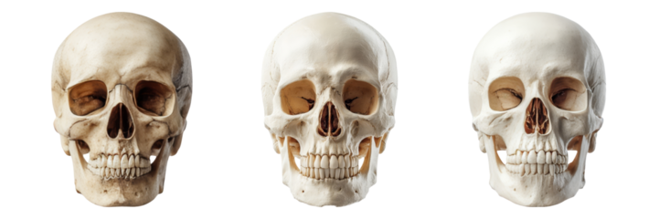 Detailed Anatomical View of Three Human Skulls in Profile and Frontal