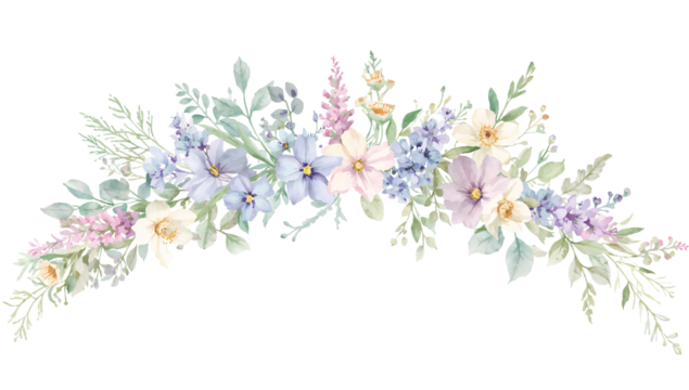 Elegant floral watercolor garland with pastel hues on isolated transparent background