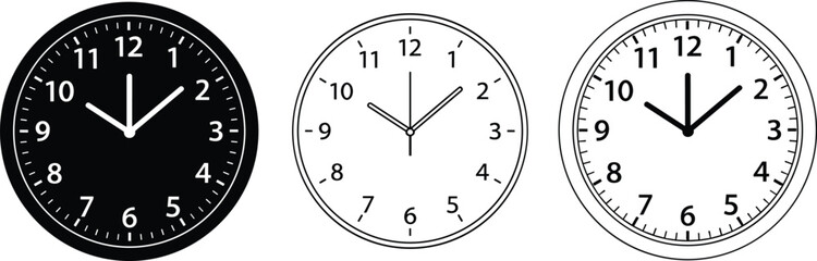 Black and white wall clock icons, vector illustration of analog timepieces, modern round clock designs, isolated watch face set for decor