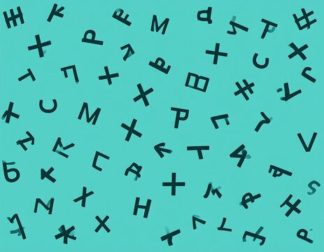 Abstract pattern of scattered letters and symbols on teal background