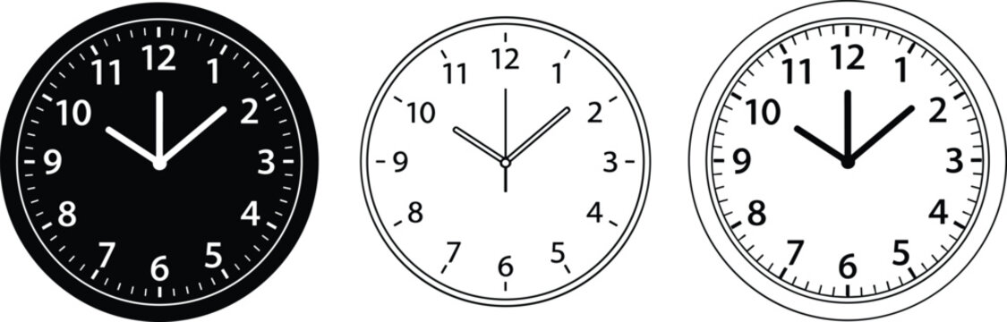 Black and white wall clock icons, vector illustration of analog timepieces, modern round clock designs, isolated watch face set for decor