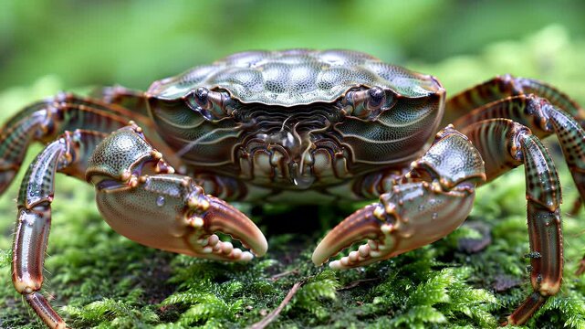 Close-up of a freshwater crab with textured shell and powerful claws resting on vibrant green moss in its natural habitat.