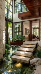Obraz premium Indoor Water Feature with Stone Steps and Large Windows