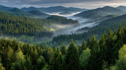 Misty mountain range and dense forest landscape.