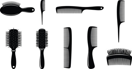 Collection of various hair brushes and combs, black silhouette set for hairstyling tools, barbershop equipment, hair care accessories vector illustration