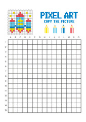 Copy the picture grid drawing worksheet for kids. Pixel art rocket