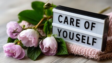 Care of Yourself Inspirational Message with Pink Flowers and Soft Textures in Background