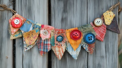 Colorful patchwork banner with buttons.