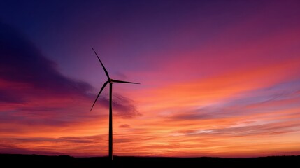 Obraz premium Wind Turbine Silhouette at Sunset: A dramatic, silhouetted wind turbine stands tall against a vibrant sunset, its blades contrasting against a sky awash in fiery hues, symbolizing renewable energy.