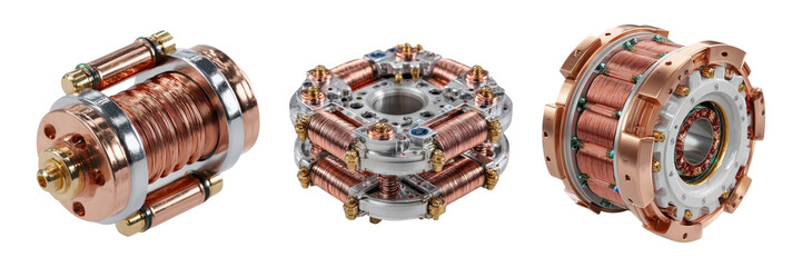 Three Different Types of Electric Motors with Copper Coils and Parts