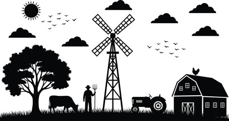 Farm silhouette scene with barn, windmill, tractor, cow, farmer, tree, clouds, birds, rural countryside agriculture vector illustration for creative design projects