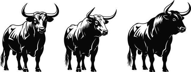Powerful bull silhouettes, three black and white bull illustrations, strong cattle artwork, aggressive horned bulls, livestock vector design for branding, farm