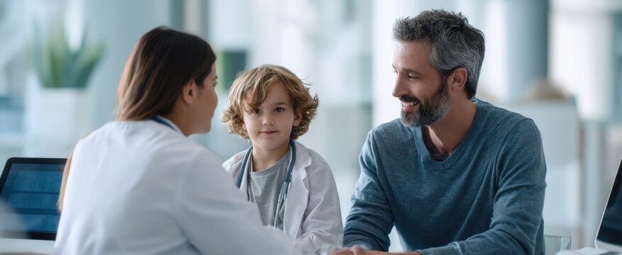 The attentive pediatrician discussing health with a father and his child.