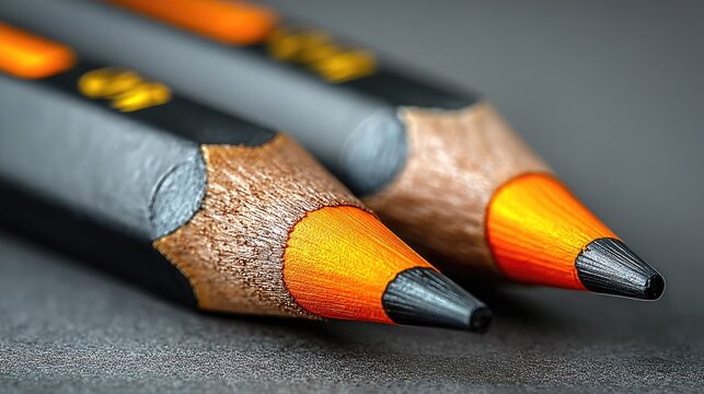 Close-up of two sharpened dark pencils with orange accents