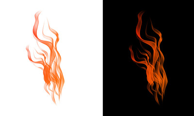 Elegant wavy orange flame, an abstract fiery wisp of smoke or energy, on a split white and black background.
