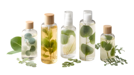 skincare bottles with botanical accents, clean product layout, white background