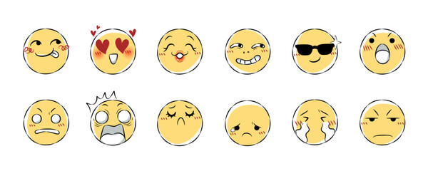 Set of hand drawn emoji icon . Facial expression cartoon illustration . Collection 2 of 3 . Vector .