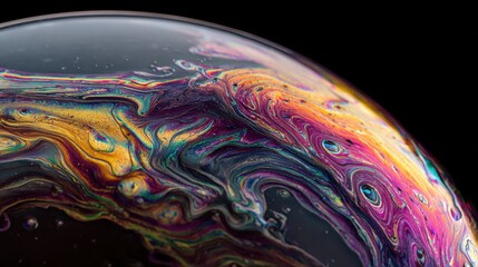 Bubble of Colors: A close-up macro photograph captures the iridescent and colorful textures of a soap bubble, showcasing a mesmerizing play of light and reflection.