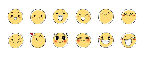 Set of hand drawn emoji icon . Facial expression cartoon illustration . Collection 1 of 3 . Vector .