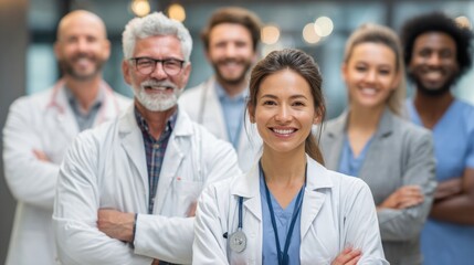 Fototapeta premium Healthcare Professionals: A close-knit ensemble of dedicated healthcare professionals stands united, emanating confidence and approachability.