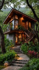 Wooden treehouse nestled in lush tropical foliage