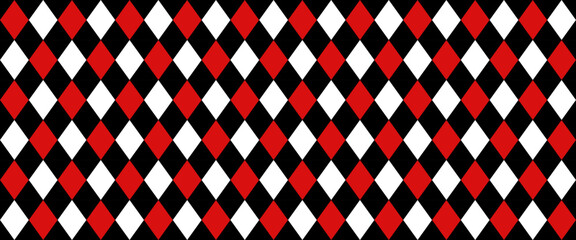 Argyle classic fabric seamless pattern. Harlequin red and black design texture. Diamond lozenge simple background. Joker geometric wallpaper. Venetian rhombus carnival ornament. Vector illustration. © Elena Pimukova