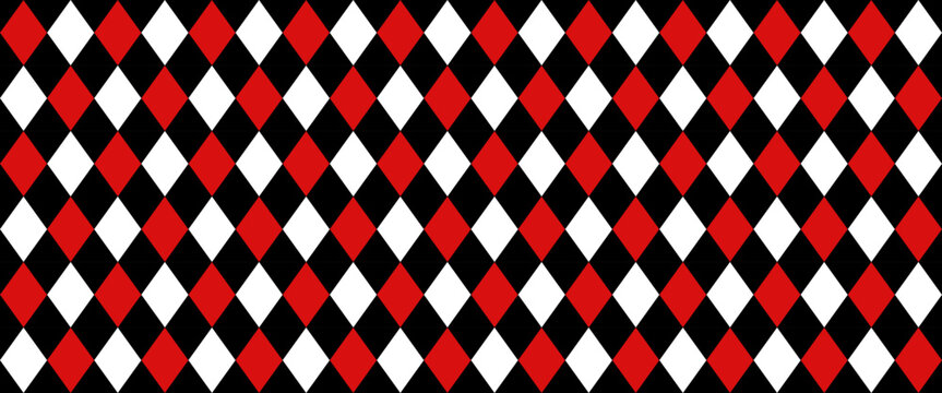 Argyle classic fabric seamless pattern. Harlequin red and black design texture. Diamond lozenge simple background. Joker geometric wallpaper. Venetian rhombus carnival ornament. Vector illustration.