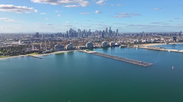 Melbourne skyline with Port Phillip Bay in foreground