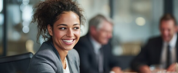 The smiling woman engages in a lively business meeting with colleagues.