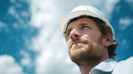 Builder with Vision: An optimistic builder wearing a hard hat gazes confidently towards the horizon with the blue sky, symbolizing hope and the building of the future.