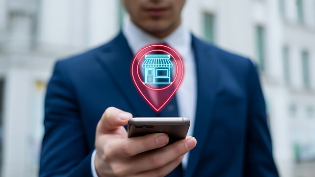 Businessman holding smartphone with glowing store location pin above screen technology mobile