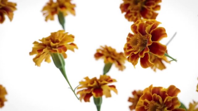 Slow-motion marigold flowers falling, crisp focus, pure white background