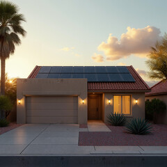 Compact Suburban Home with Rooftop Solar Panels