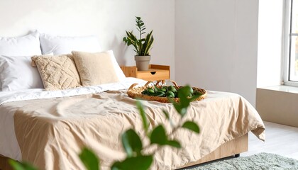 Neutral bedroom with a bed, pillows, and a plant on a nightstand