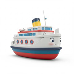 Obraz premium White and blue 3D cartoon toy passenger ship with yellow details, isolated on white background