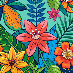 Vibrant tropical jungle foliage and exotic flowers in a colorful seamless pattern